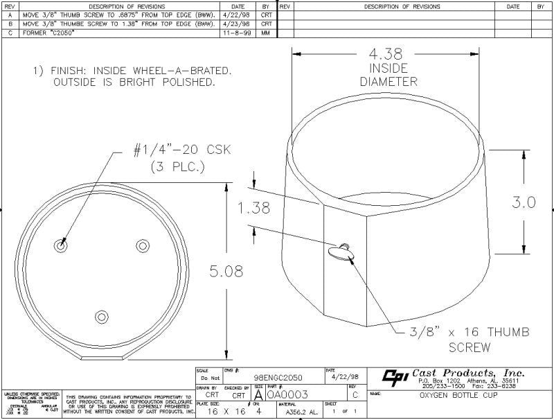Single Oxygen Cylinder Cup, "D" & "E" - CPI OA0003-1